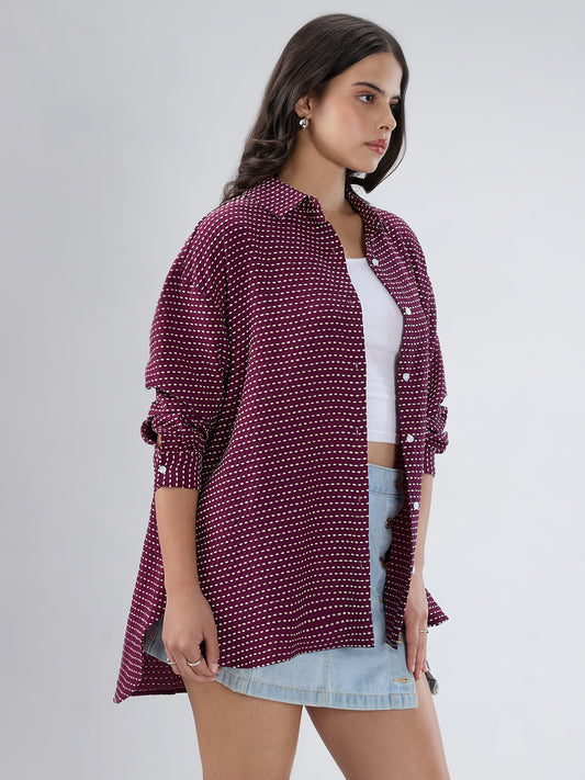 Maroon Dotted Drama Jacquard Oversized Shirt