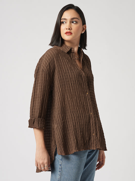 Chamoisee Brown Matrix Checks Oversized Shirt