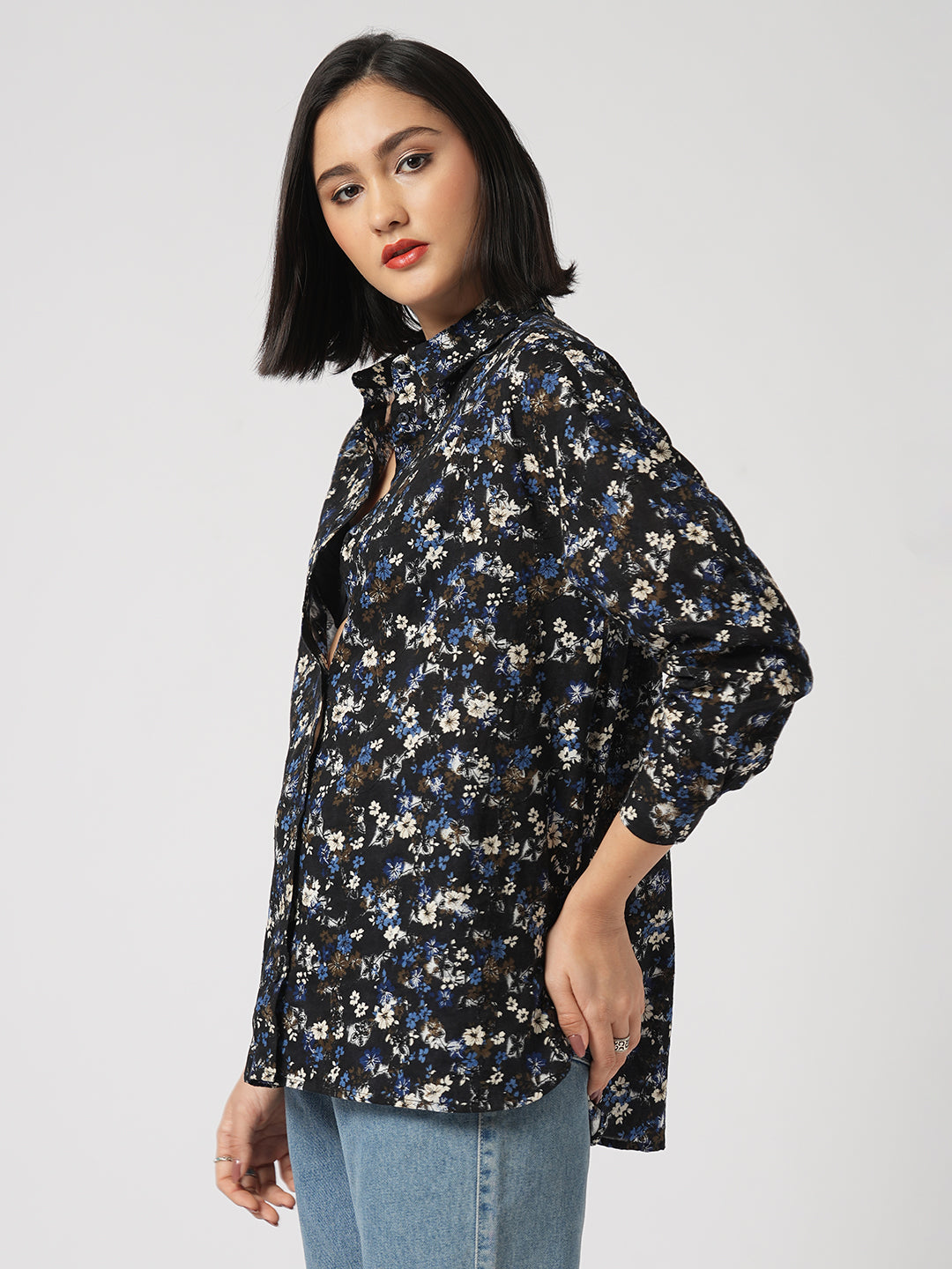 Midnight Bloom Floral Printed Oversized Shirt