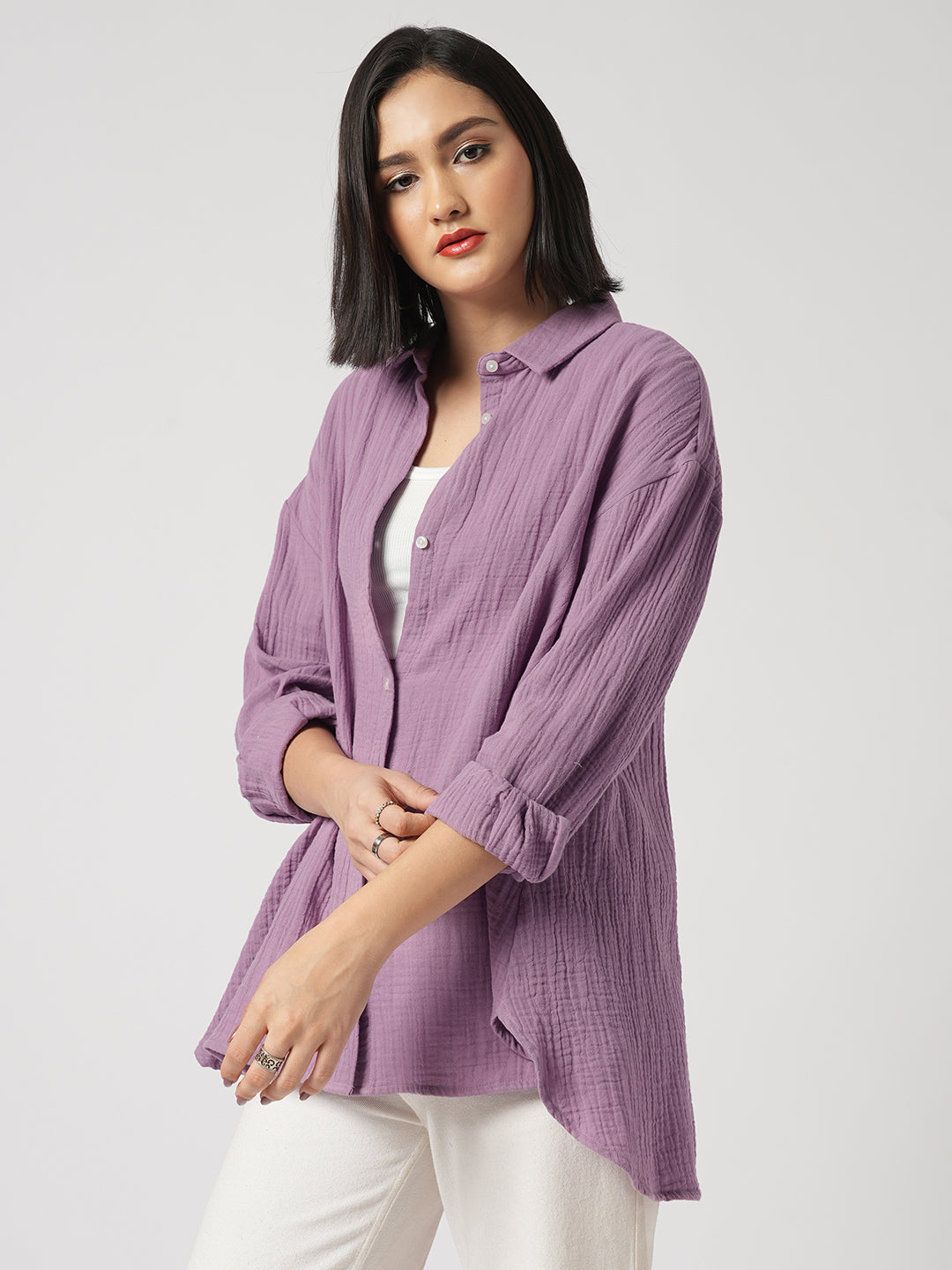Solid Lavender Double Cloth Oversized Shirt