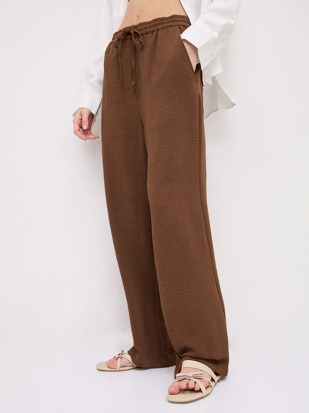 Mocha Brown Crinkled Straight Fit Trousers