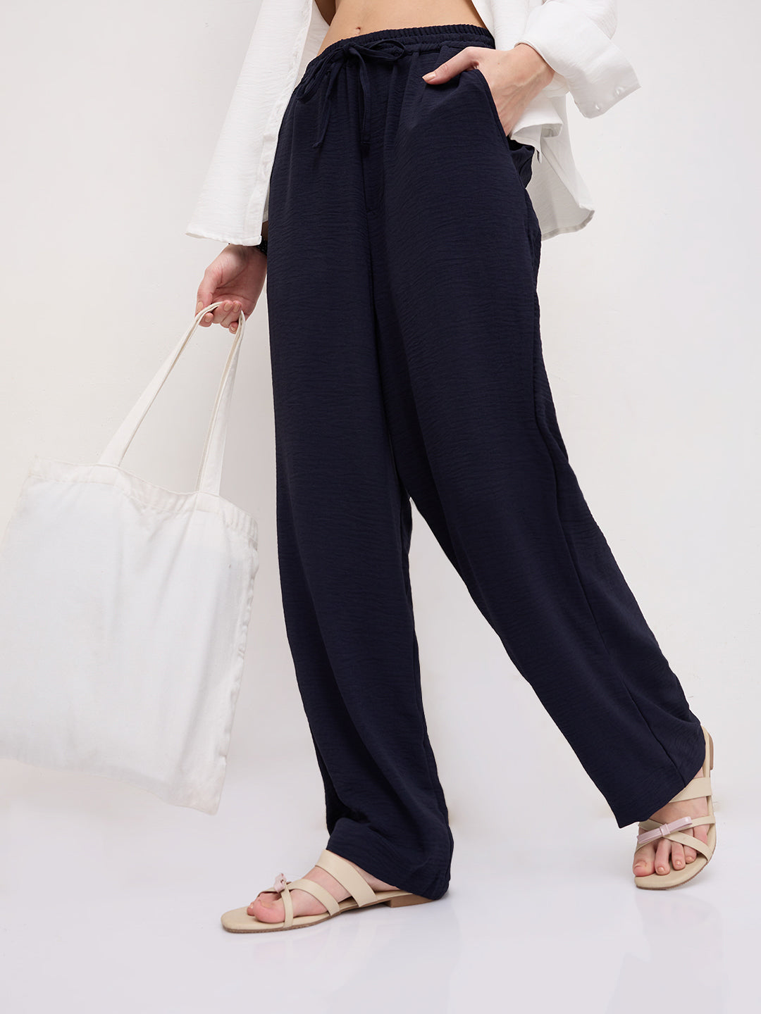 Luxe Midnight Navy Crinkled Straight Fit Trousers