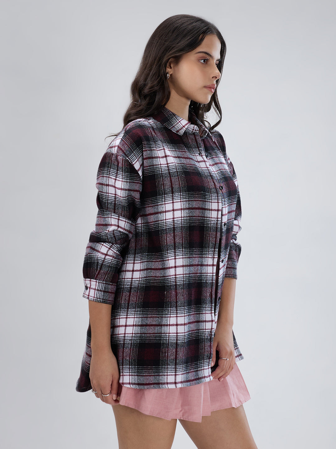 Maroon & White Checked Oversized Flannel Shirt