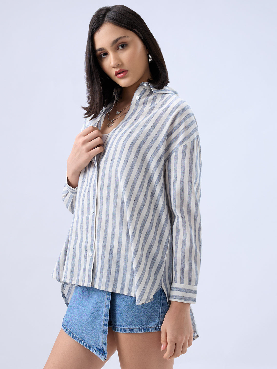 Cream and Blue Balanced Stripe Oversized Shirt