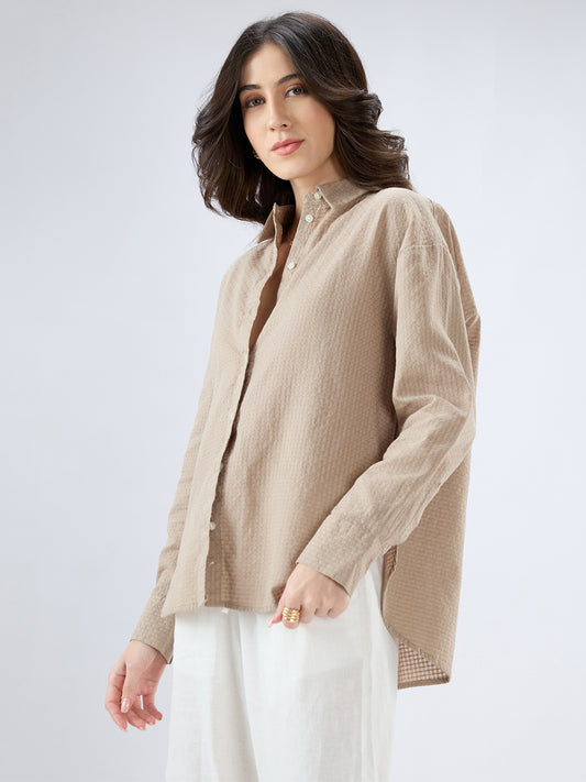 Fawn Beige Jacquard Weave Oversized Shirt