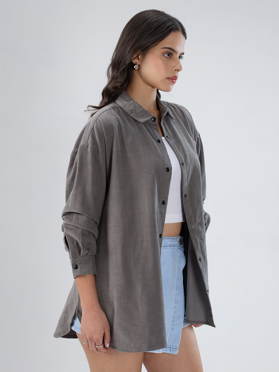 Solid Slate Grey Corduroy Oversized Shirt