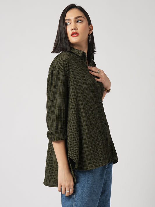 Reseda Green Vintage Mini Checks Oversized Shirt