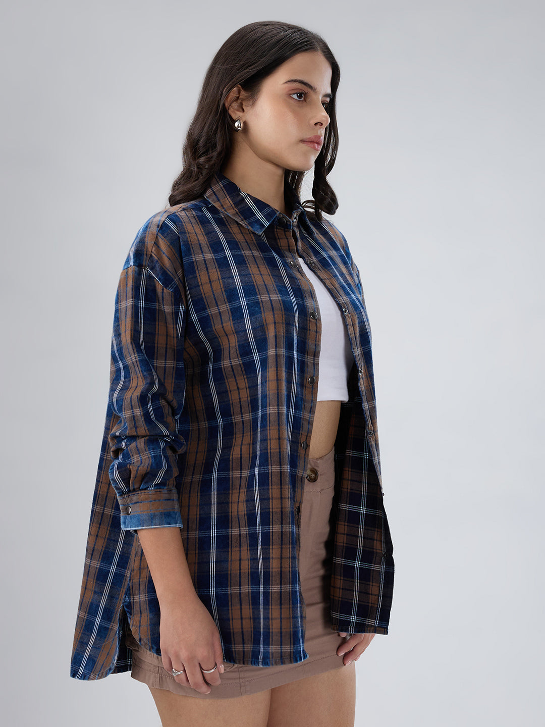 Navy & Brown Tartan Checked Corduroy Oversized Shirt