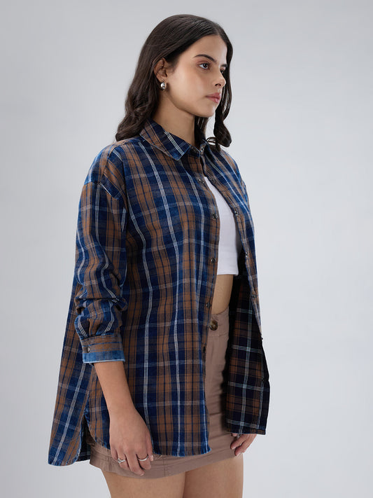Navy & Brown Tartan Checked Corduroy Oversized Shirt
