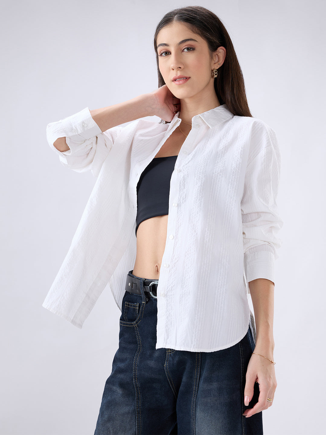 Pearl White Seersucker Oversized Shirt