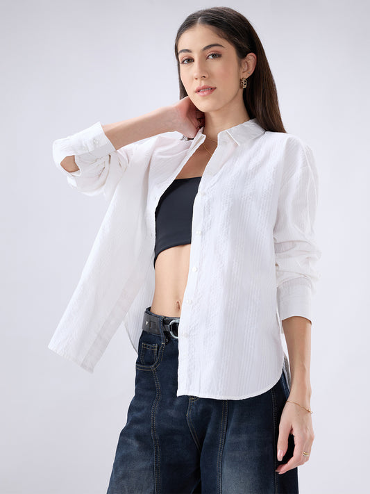 Pearl White Seersucker Oversized Shirt