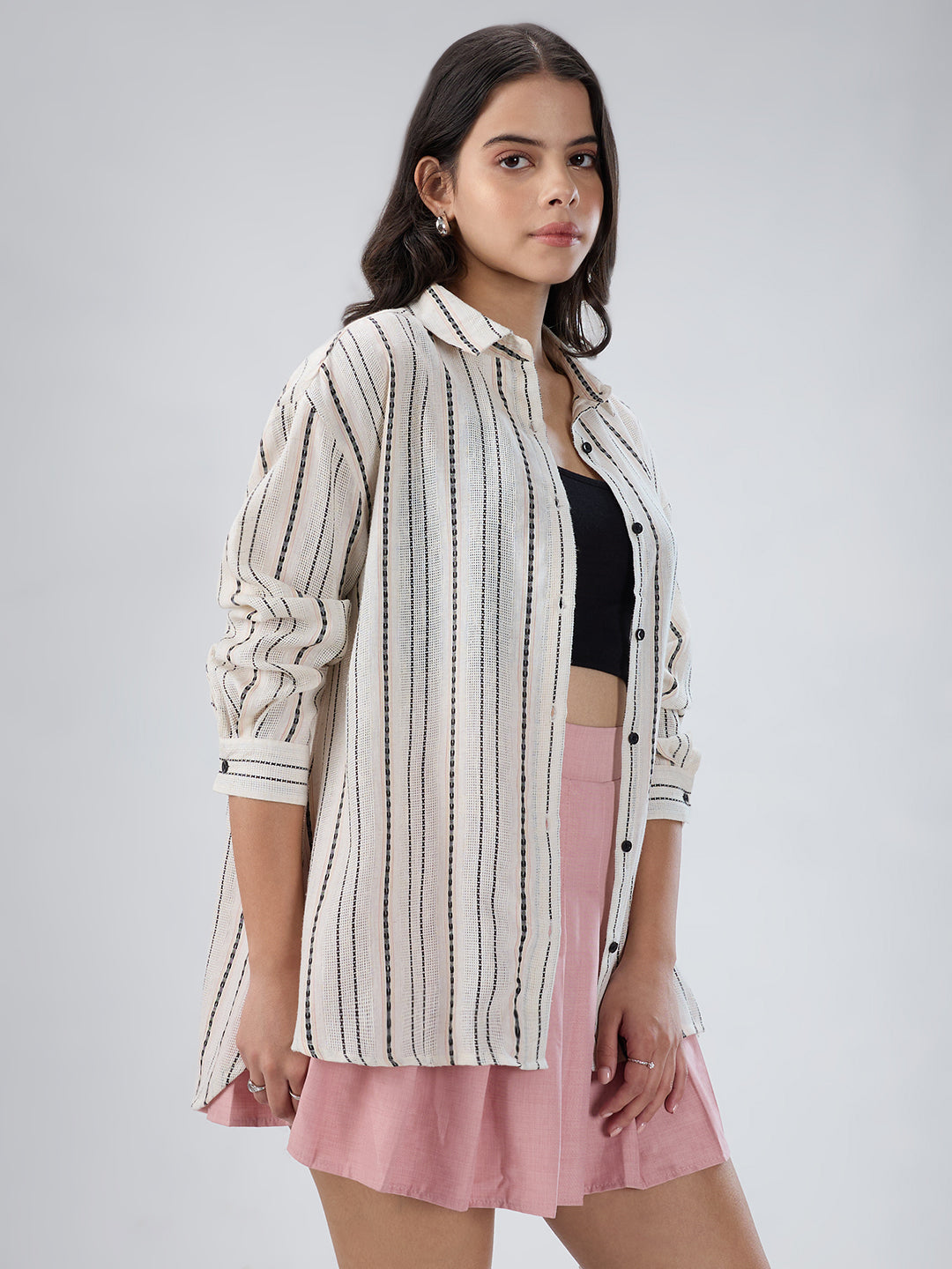 Burlap Ivory Vertical Striped Dobby Oversized Shirt