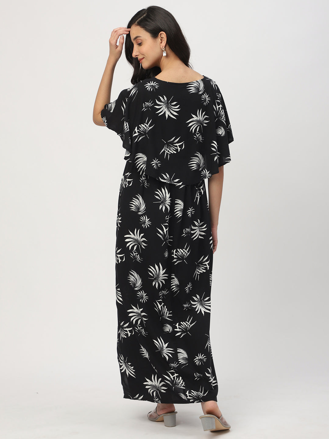 Black Leafy Printed Comfy Maternity Dress
