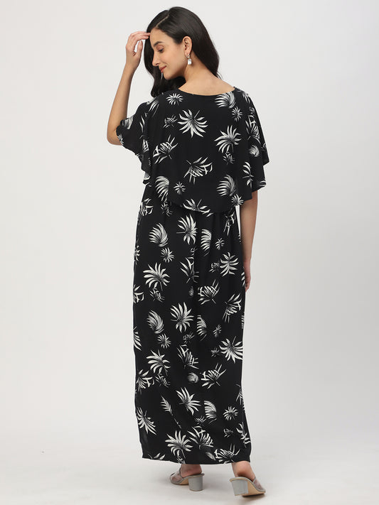 Black Leafy Printed Comfy Maternity Dress