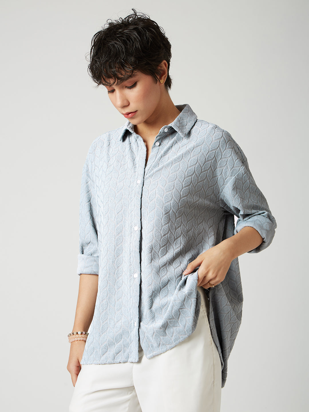 Glacier Grey Leaf Embossed Oversized Shirt