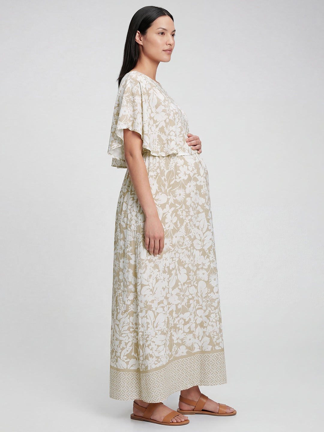 Serene Bloom Beige & White Printed Maternity Dress