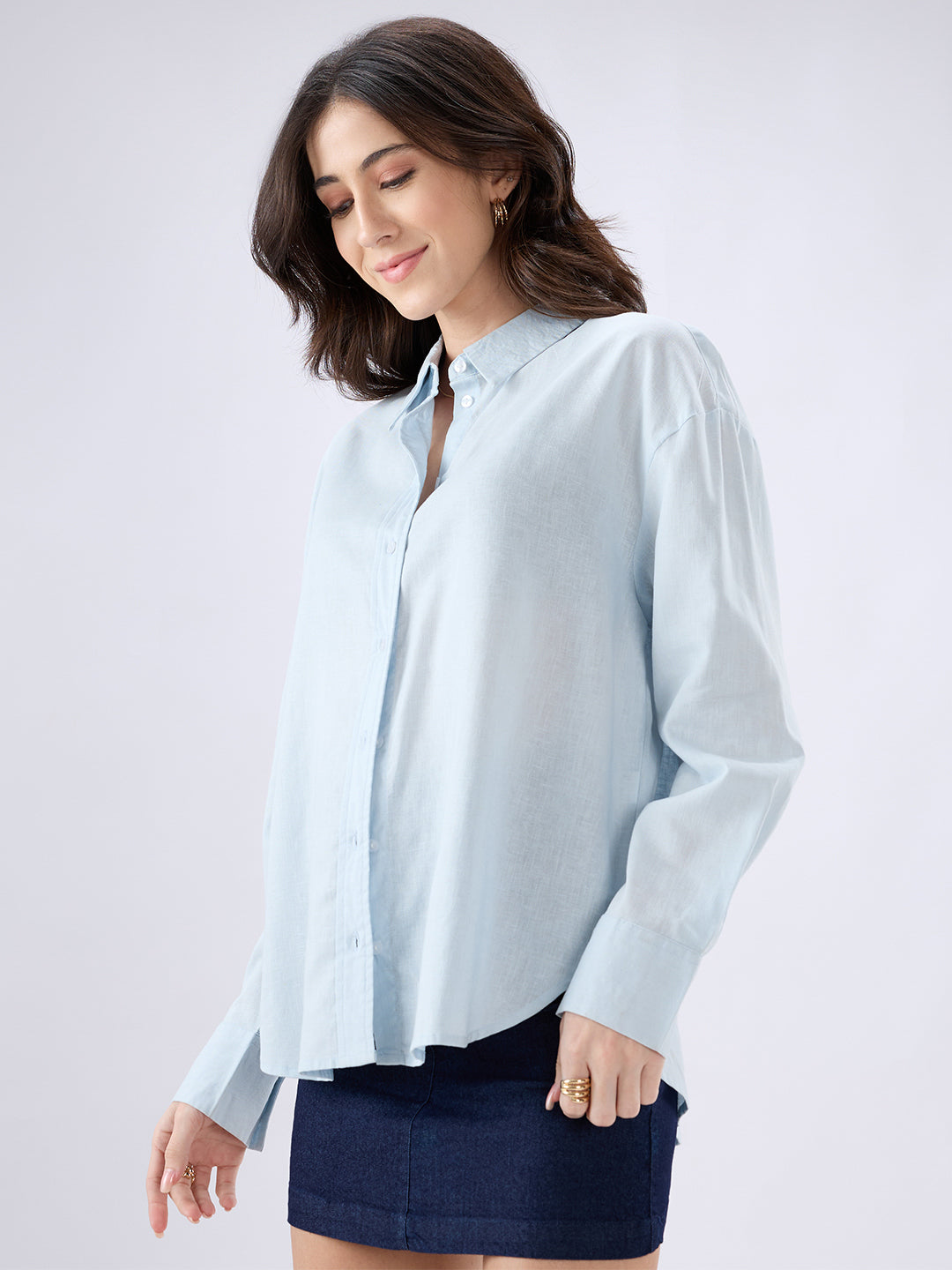 Sea Blue Linen Blend Oversized Shirt