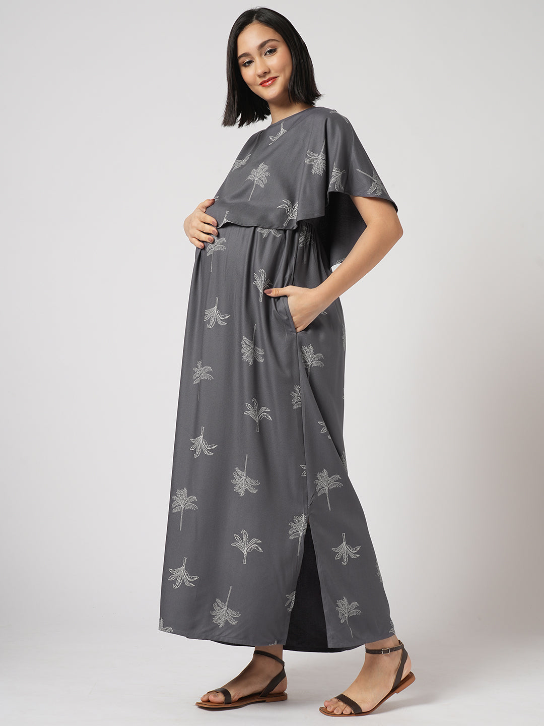 Slate Grey Palm Tree Printed Maternity Dress