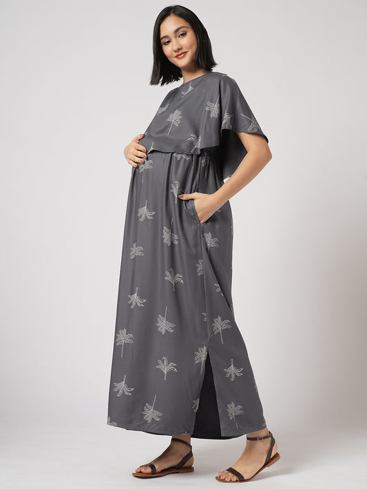 Slate Grey Palm Tree Printed Maternity Dress