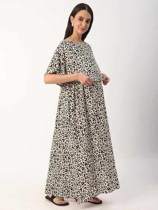 Beige Leopard Printed Comfy Maternity Dress