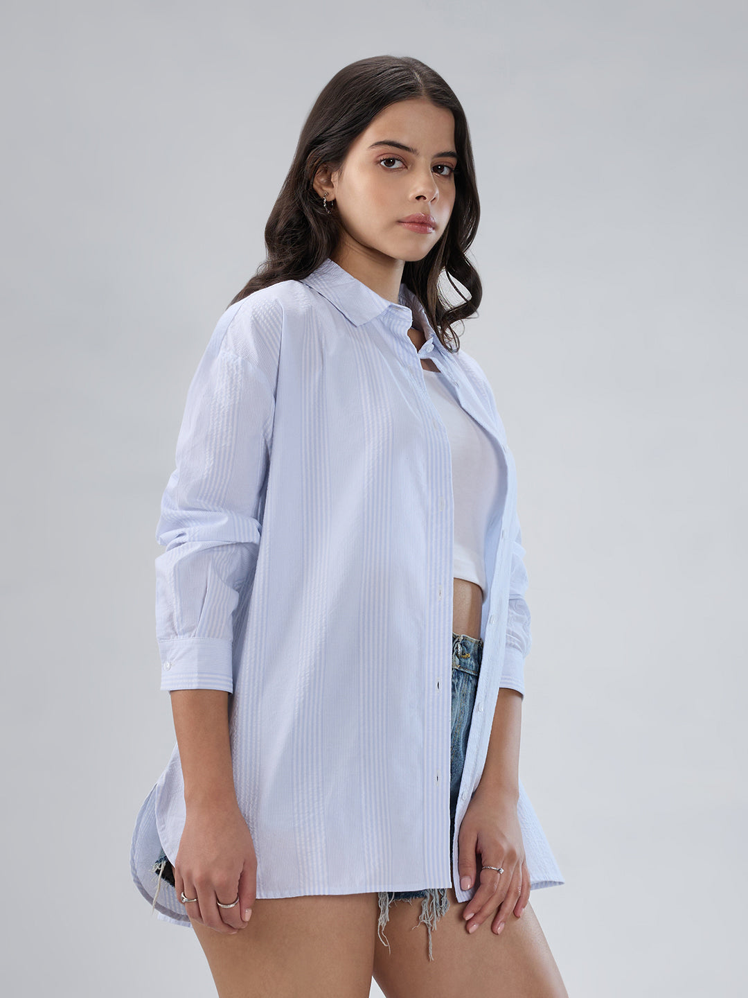 White & Blue Pin Striped Seersucker Oversized Shirt