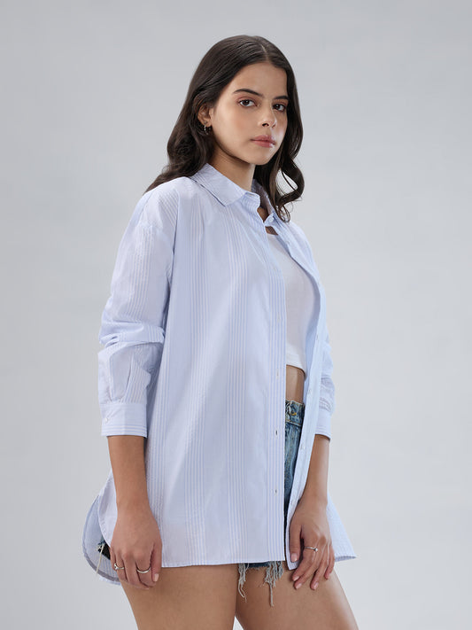 White & Blue Pin Striped Seersucker Oversized Shirt