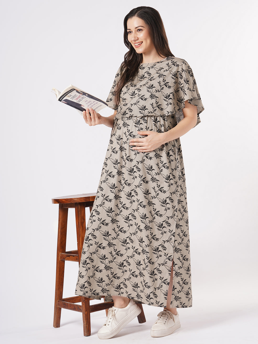 Taupe Leafy Printed Comfy Maternity Dress