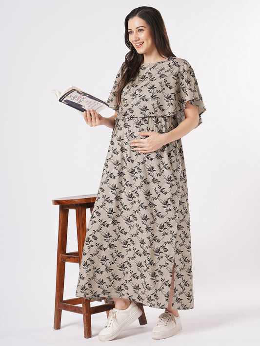Taupe Leafy Printed Comfy Maternity Dress