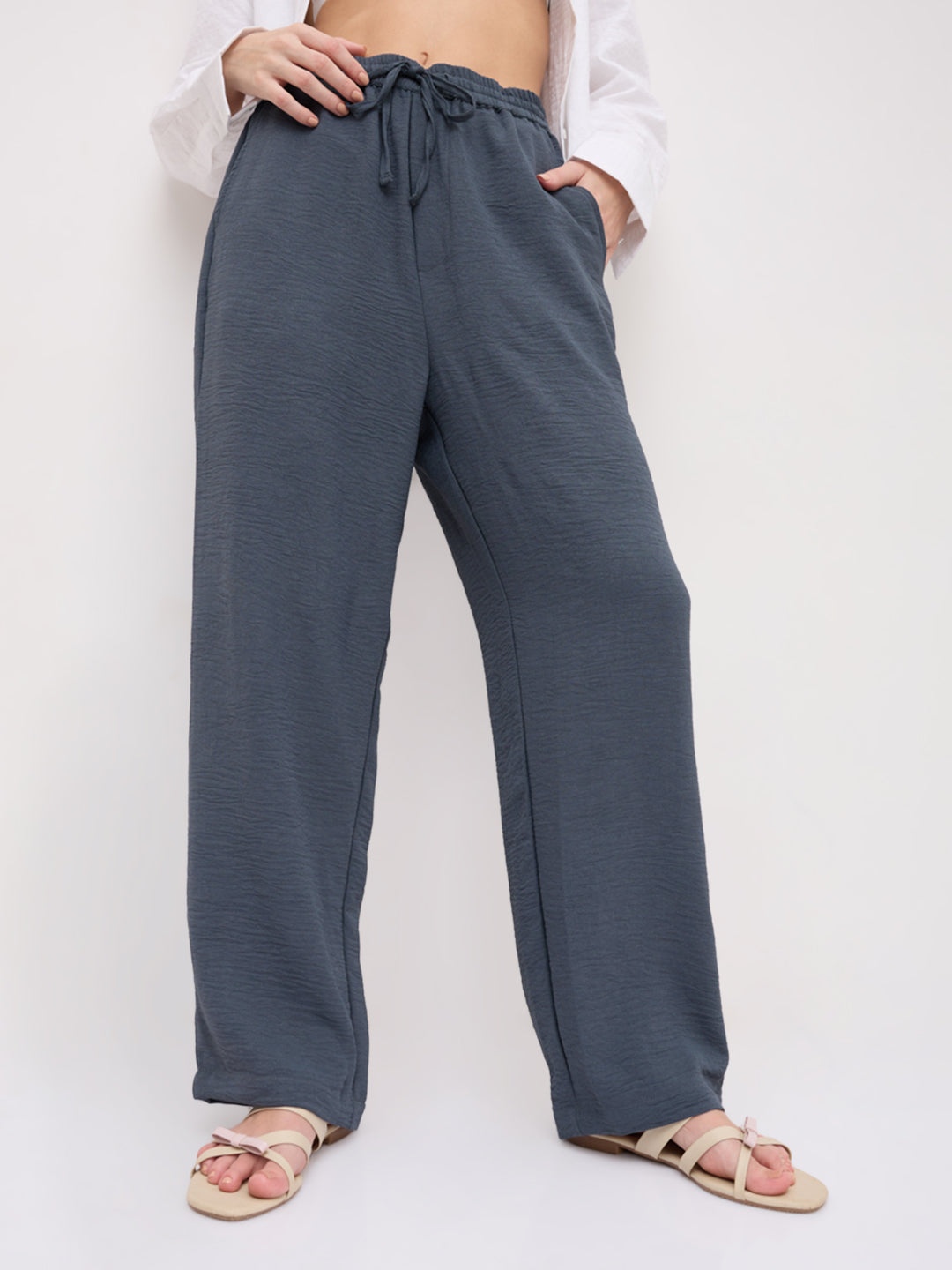 Plush Grey Crinkled Straight Fit Trousers