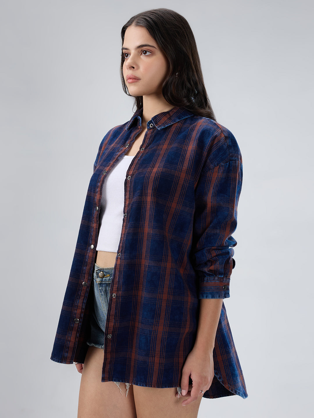 Navy & Brown Checkered Corduroy Oversized Shirt