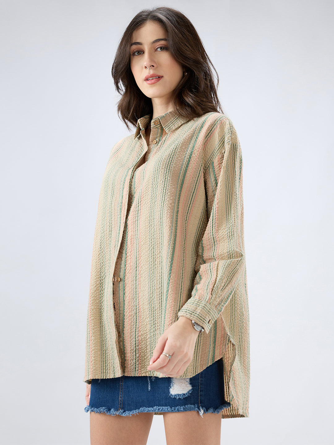 Multicolor Striped Seersucker Oversized Shirt