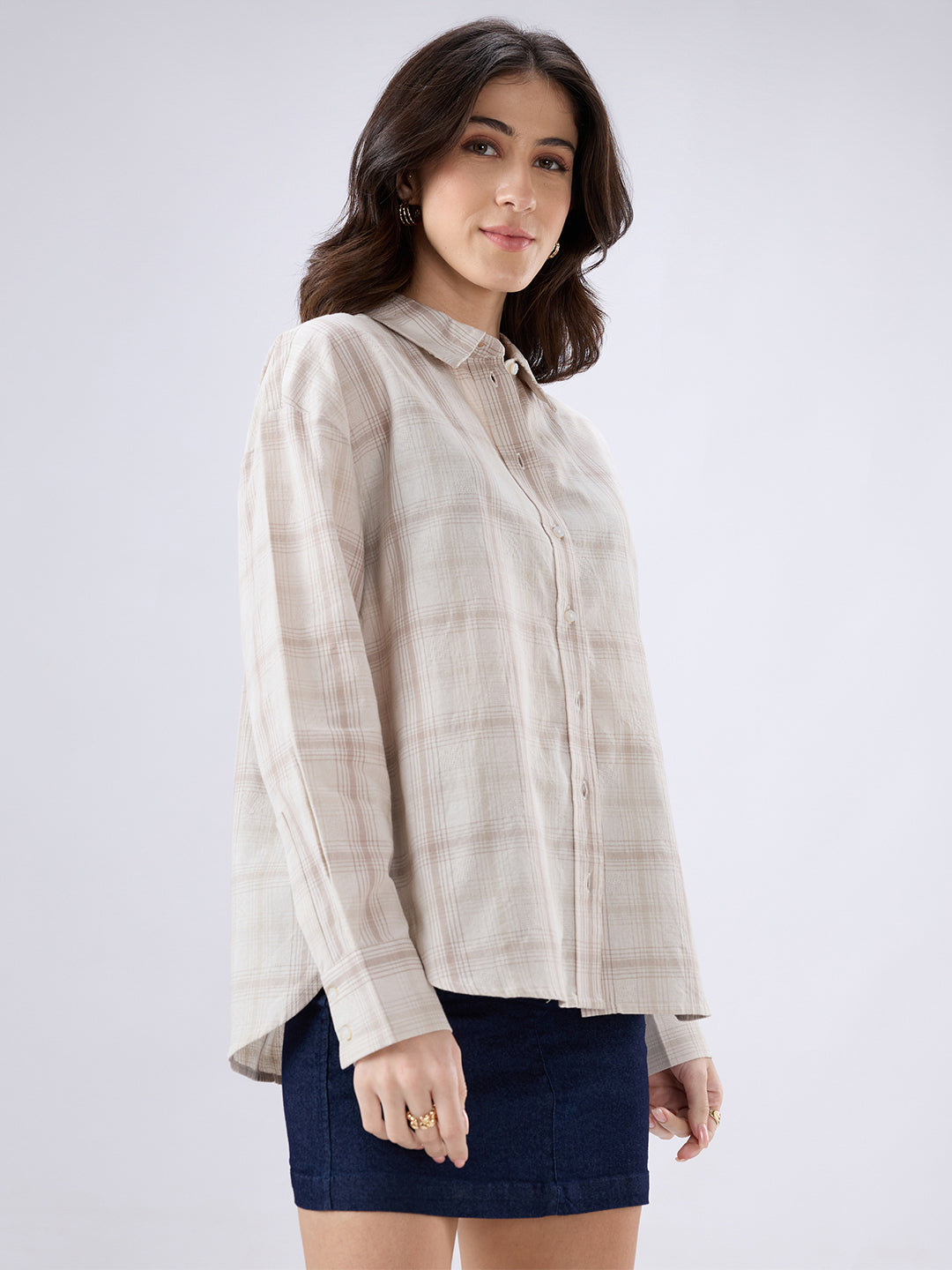 Grey Tartan Checked Jacquard Oversized Shirt