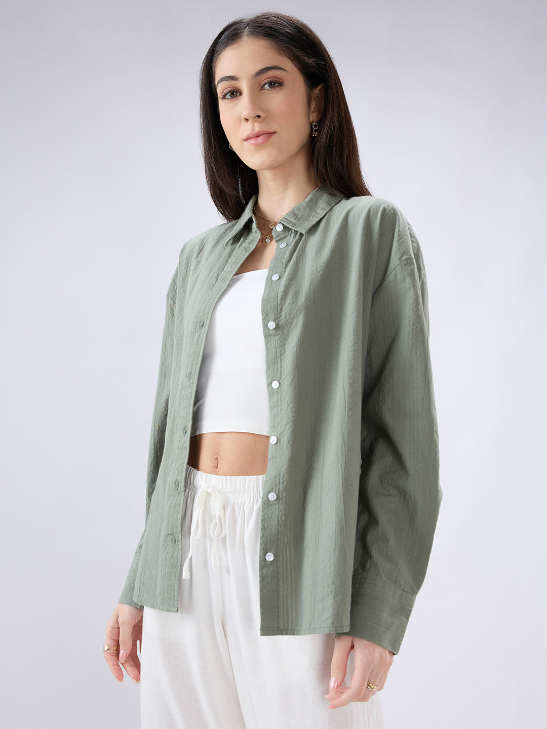 Olive Seersucker Textured Oversized Shirt