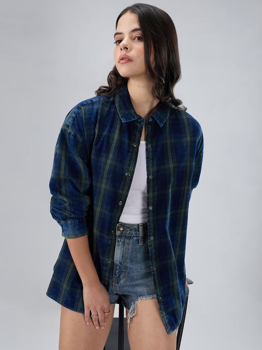 Navy & Olive Checkered Corduroy Oversized Shirt