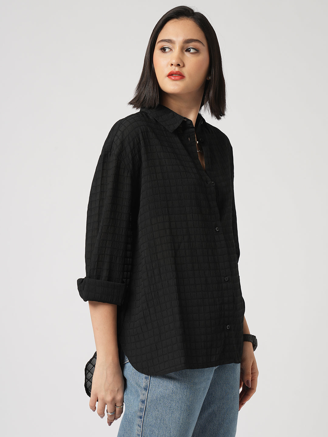 Black Matrix Checks Oversized Shirt