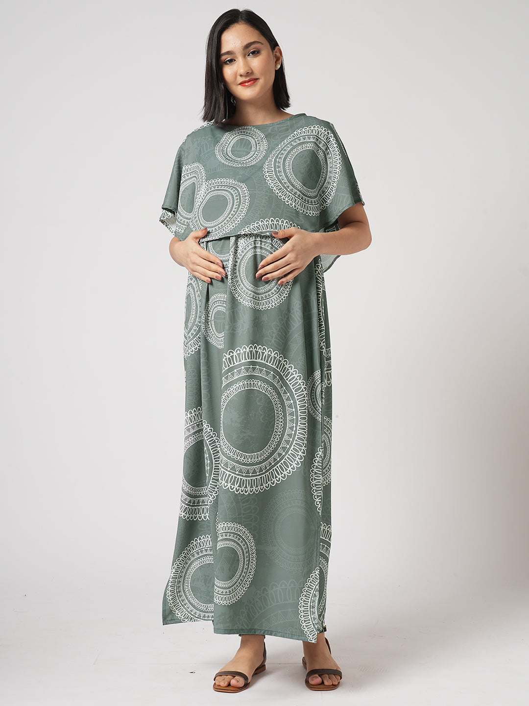 Sage Green Mandala Printed Maternity Dress