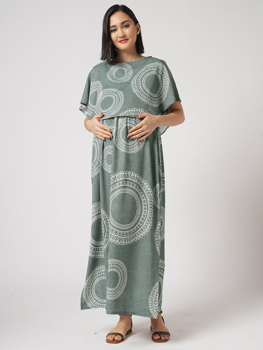Sage Green Mandala Printed Maternity Dress