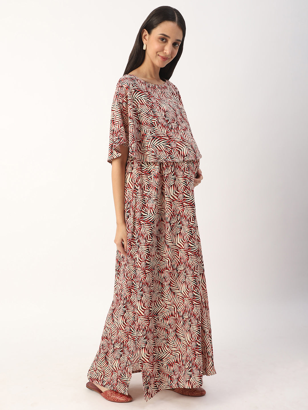 Multicolor Exotic Dense Leaf Printed Maternity Dress