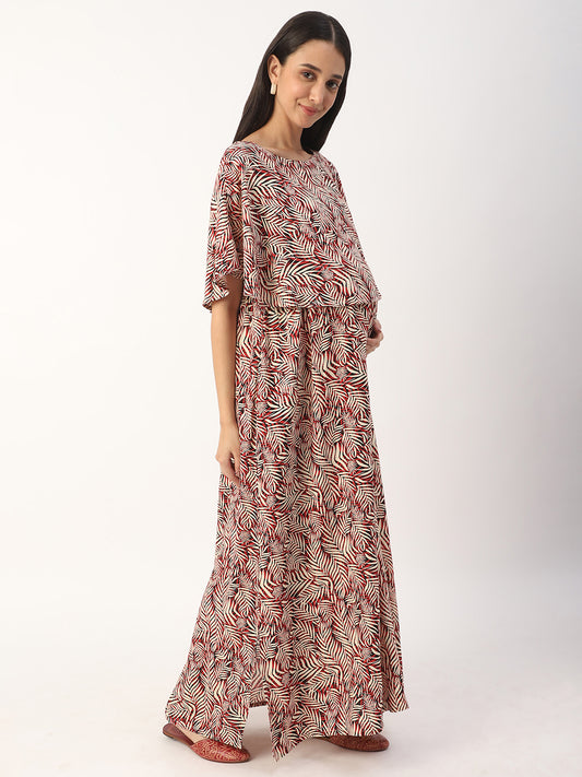Multicolor Exotic Dense Leaf Printed Maternity Dress