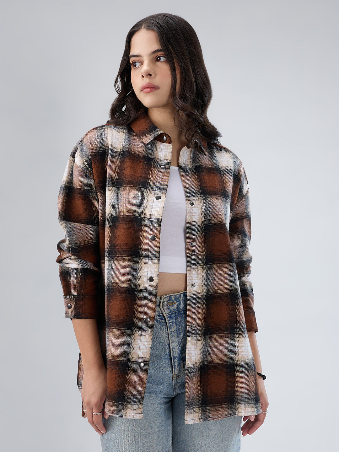 Brown & Beige Checkered Oversized Flannel Shirt