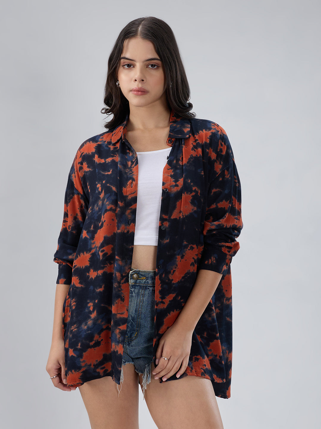 Black & Tangerine Tie- Dye Oversized Crepe Shirt