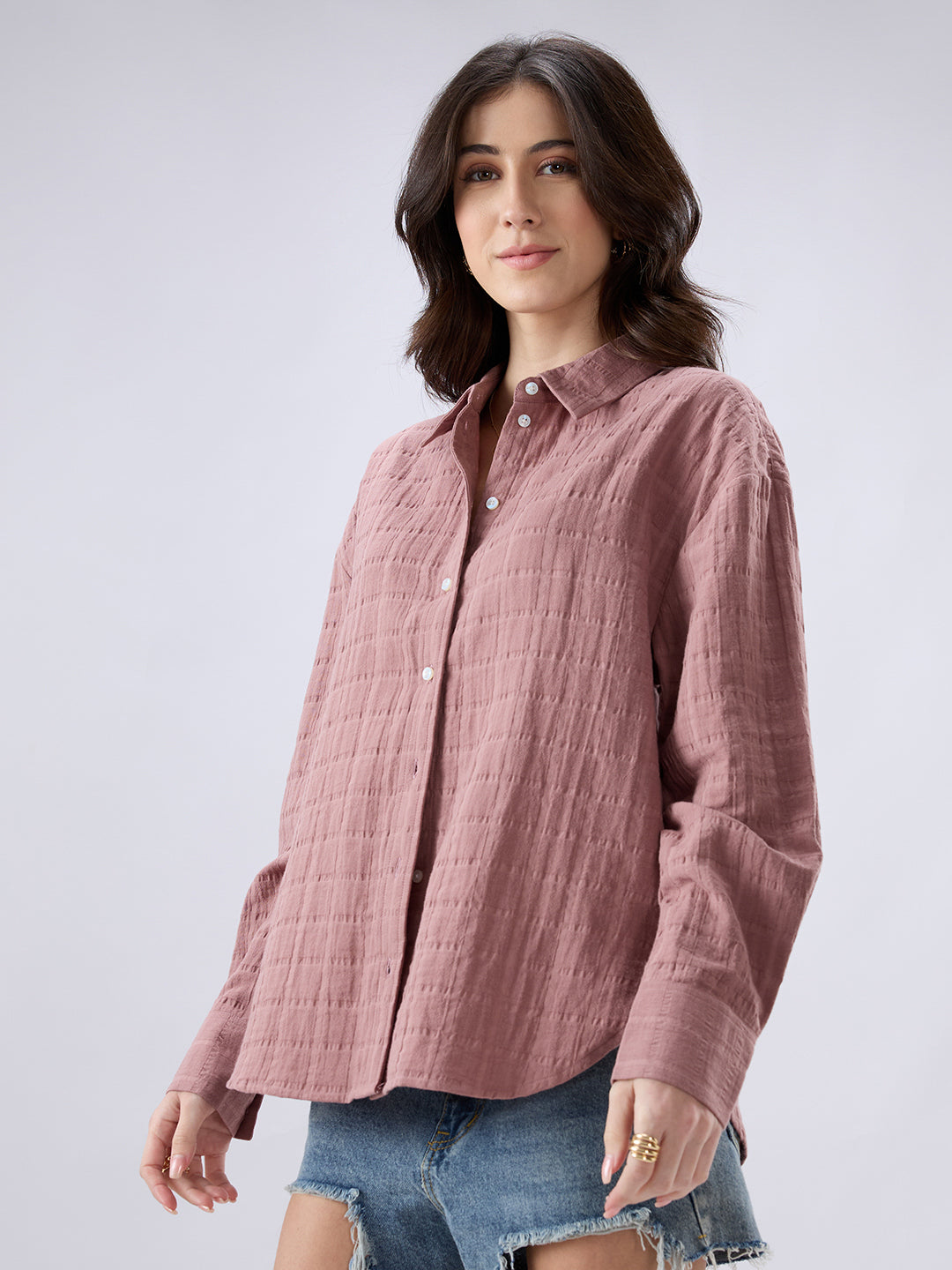 Dusty Pink Seersucker Checks DoubleCloth Oversized Shirt