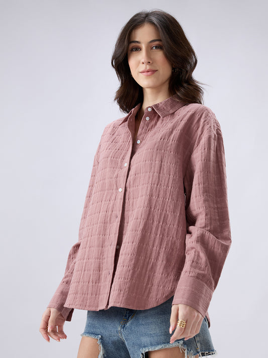 Dusty Pink Seersucker Checks DoubleCloth Oversized Shirt