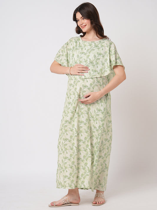 White & Green Leafy Printed Maternity Dress