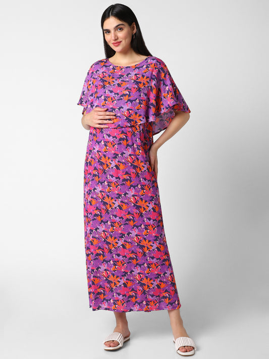 Multicolor Crinkled Floral Maternity Dress