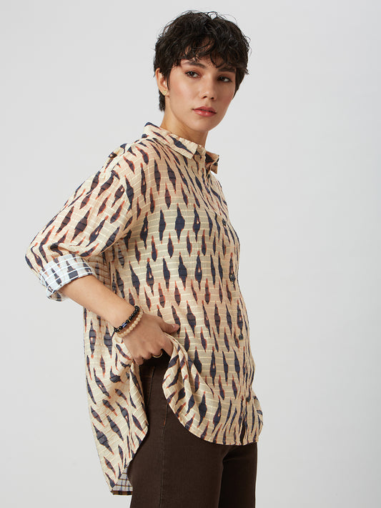 Beige & Black Abstract Printed Oversized Shirt