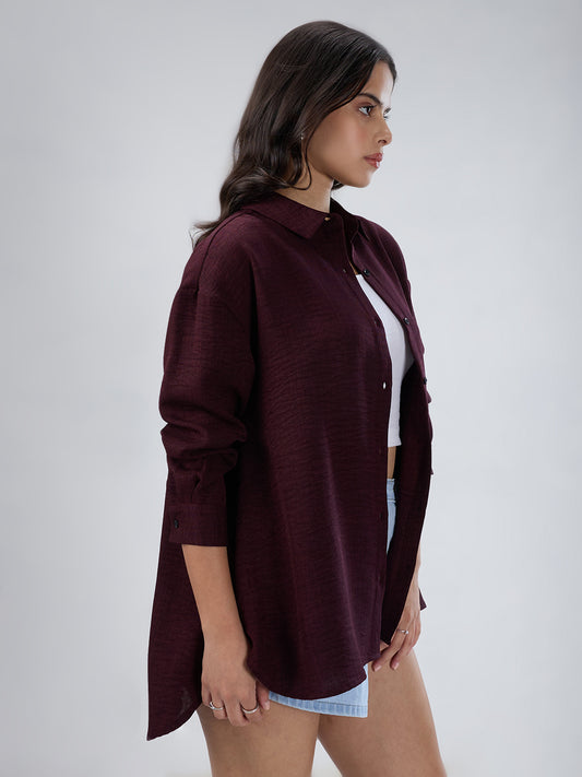 Wine Slub Textured Oversized Shirt