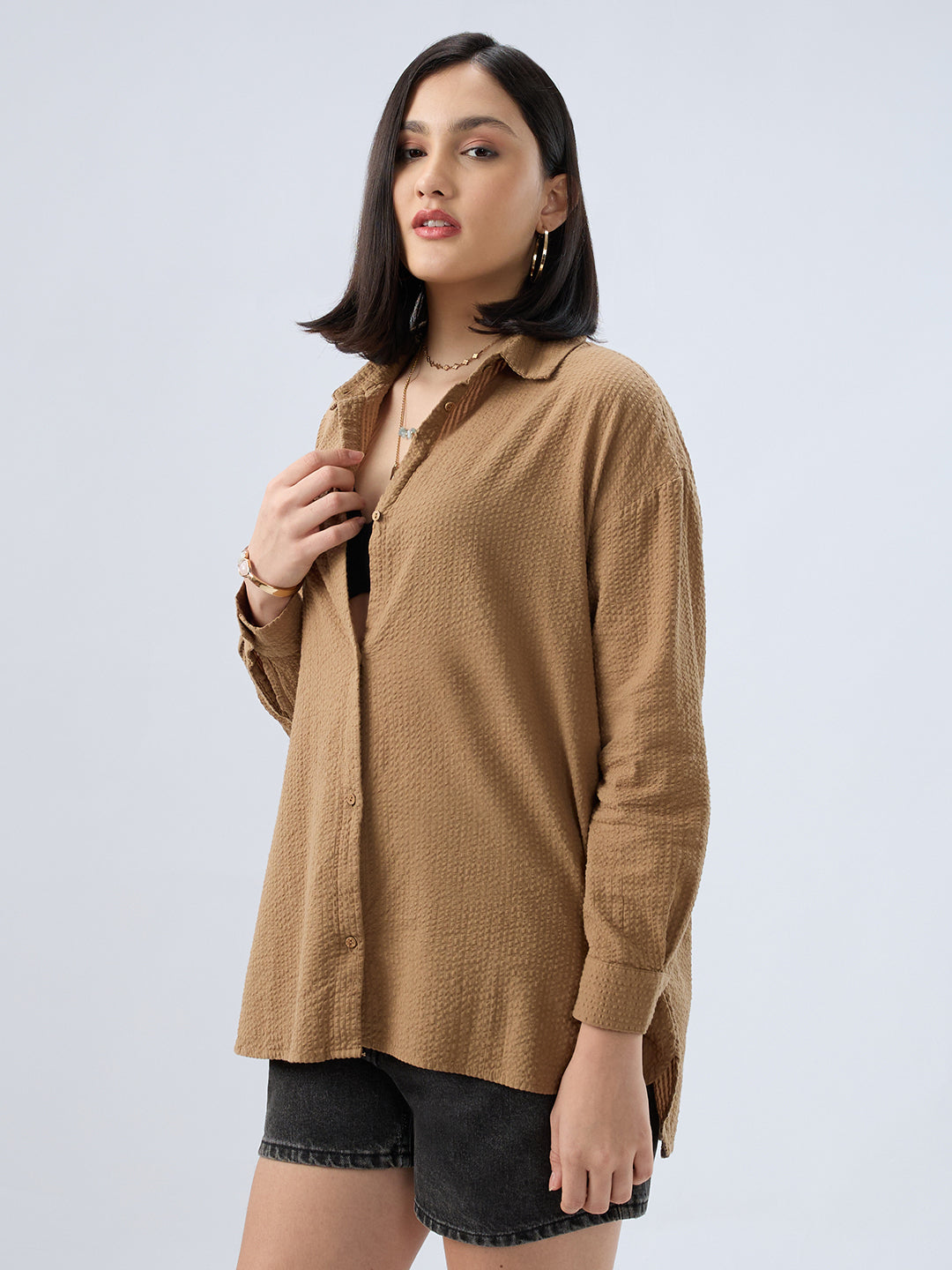 Tan Beige Seersucker Oversized Shirt