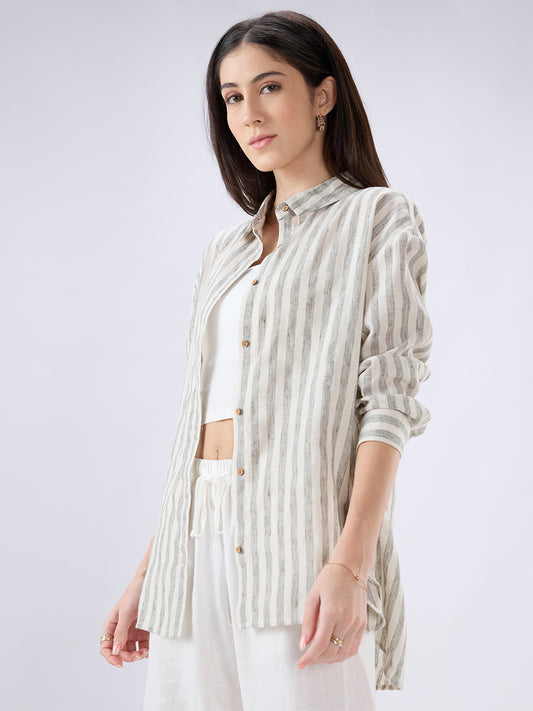 White & Blue Balanced Striped Linen Blend Oversized Shirt