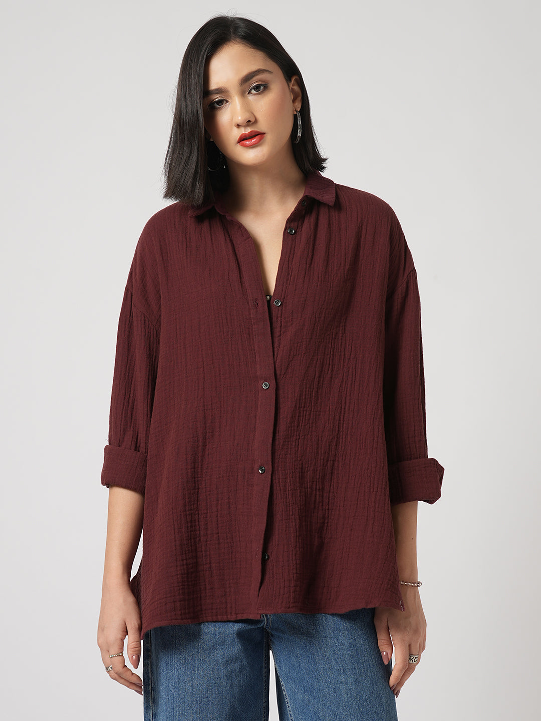 Solid Wine Double Cloth Oversized Shirt